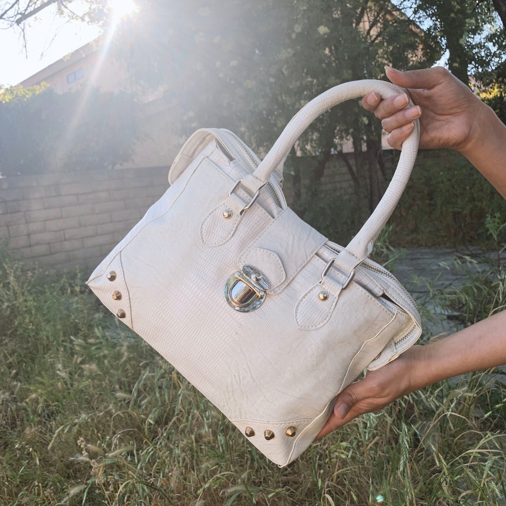 Structured White Satchel with Gold-Tone Accents - Women Bags - Picture 2 of 9